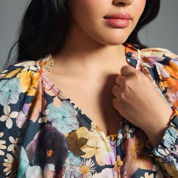 ANTHROPOLOGIE X MOXY COLLECTIVE Floral Linen Blouse Size Small Boho Peasant - Picture 8 of 10